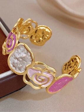 Gold-Tone Pink and White Floral Enamel Cuff Bracelet